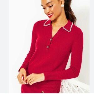 Lilly Pulitzer Sweater Lizona Style Pearl Collared Pink Gold Buttons Top xl